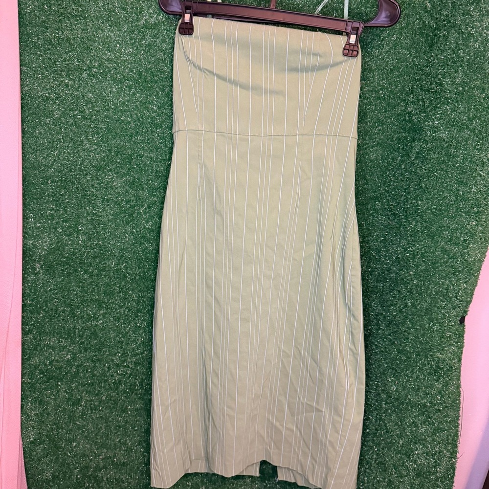Vintage Express Stretch Green White Pinstripe Strapless Dress Size 11/12 Y2K